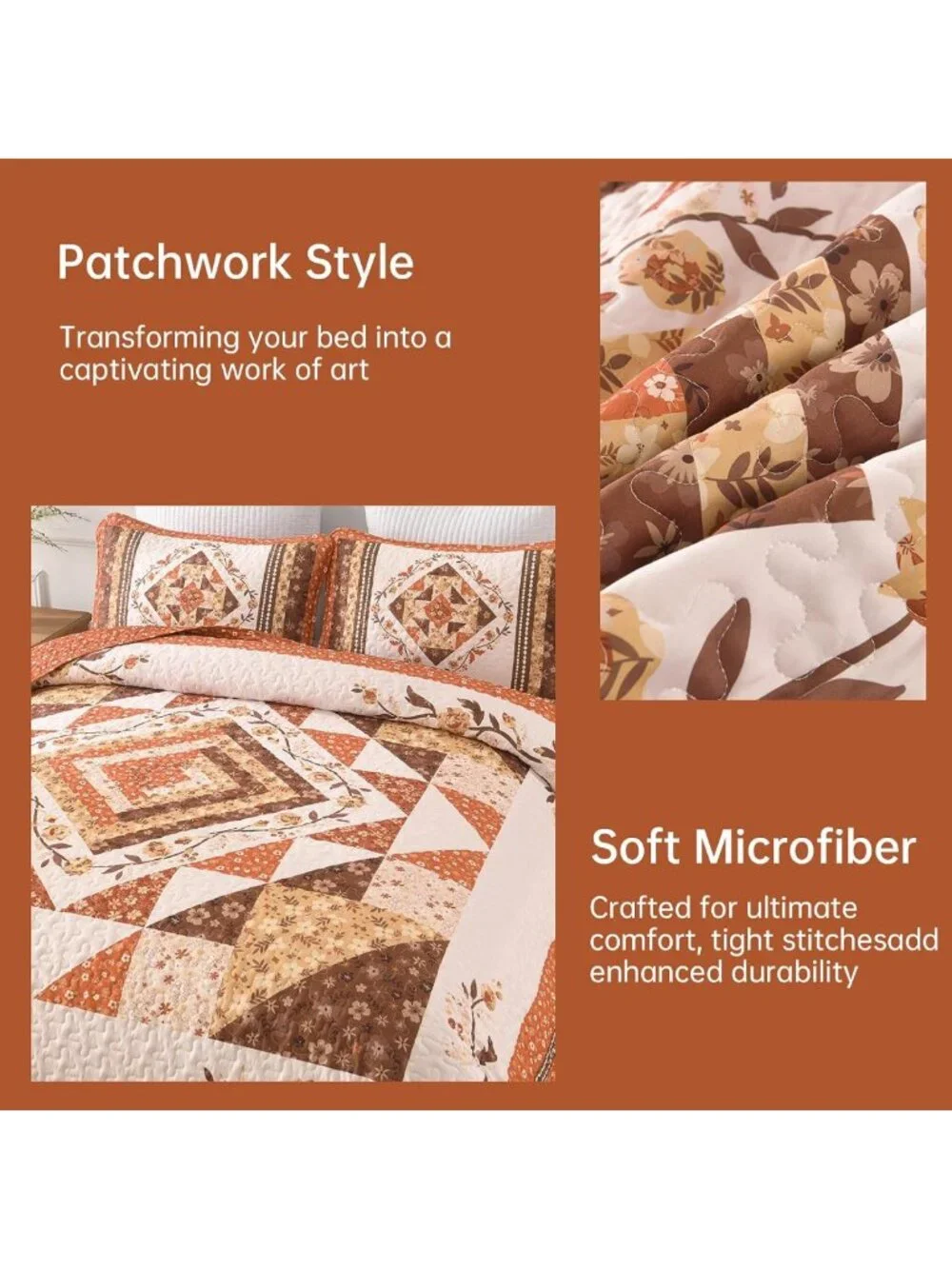 King Size Patchwork Quilt - Farmhouse Fall Bedspread in Vibrant Orange Design